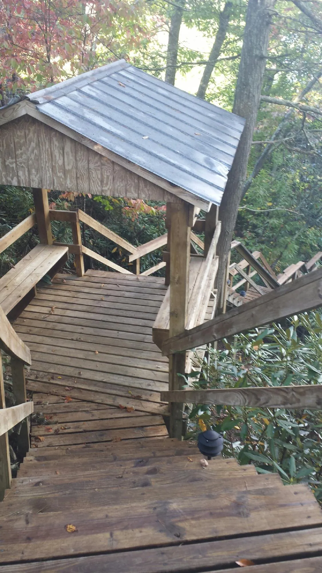 Metal roofed shelter over wooden steps on a wooded walkway — Skylight Repair & Installation work by our crew in Sylvia